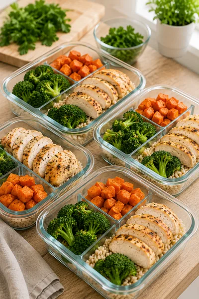 Family Meal Prep Family meal prep containers with homemade meals prepared for the week